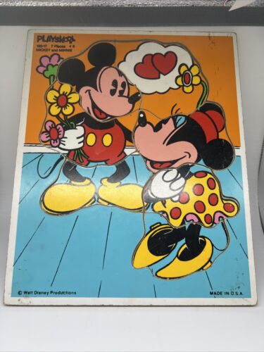 VTG Playskool Disney Mickey & Minnie Mouse Wooden Puzzle 7 Pieces Flowers 190-17 - Afbeelding 1 van 3