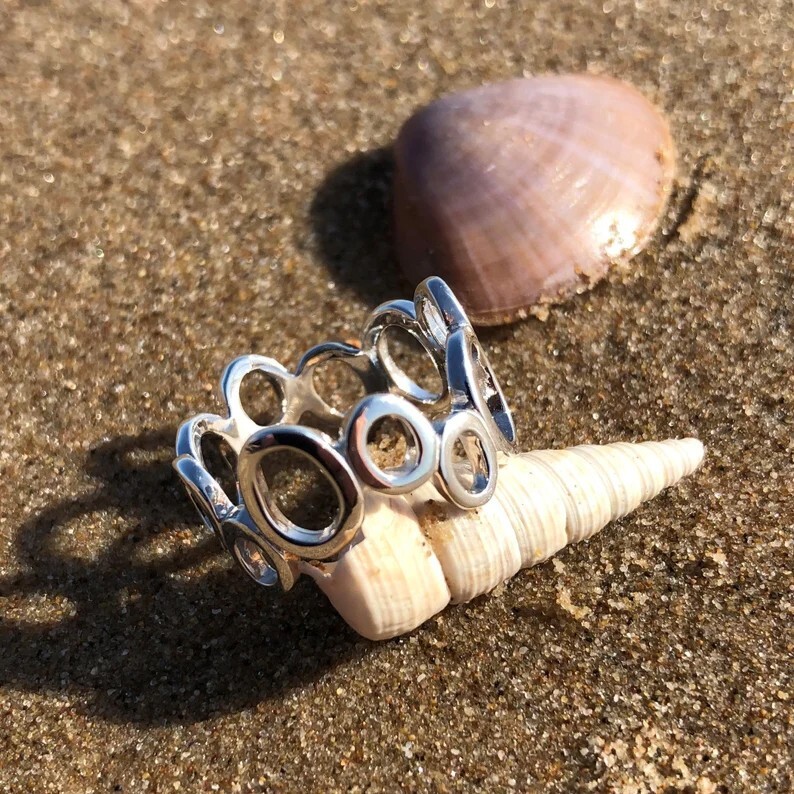 Solid 925 Sterling Silver Retro Groovy Circles Adjustable Vintage Ring