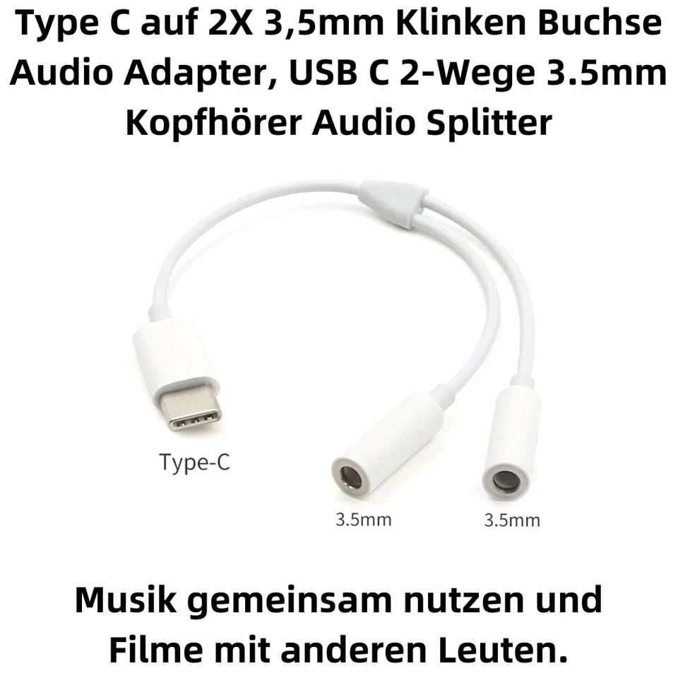P05 USB Type-C auf 2x 3,5mm Klinken Buchse Audio Adapter Kopfhörer Aux Splitter - Bild 2 von 4