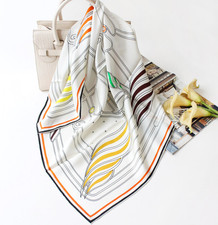 100 Twill Silk Square Scarf Bandanna White line Print Shawl 90X90cm Wrap Daily