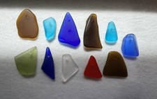Drilled tumbled sea beach glass 11 pcs Blue and Brown pendant jewelry use