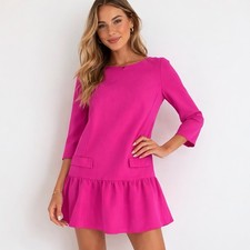 Victoria Beckham Target Pink Mod Drop Waist Ruffle Dress XS Hot Pink 3/4 Sleeve
