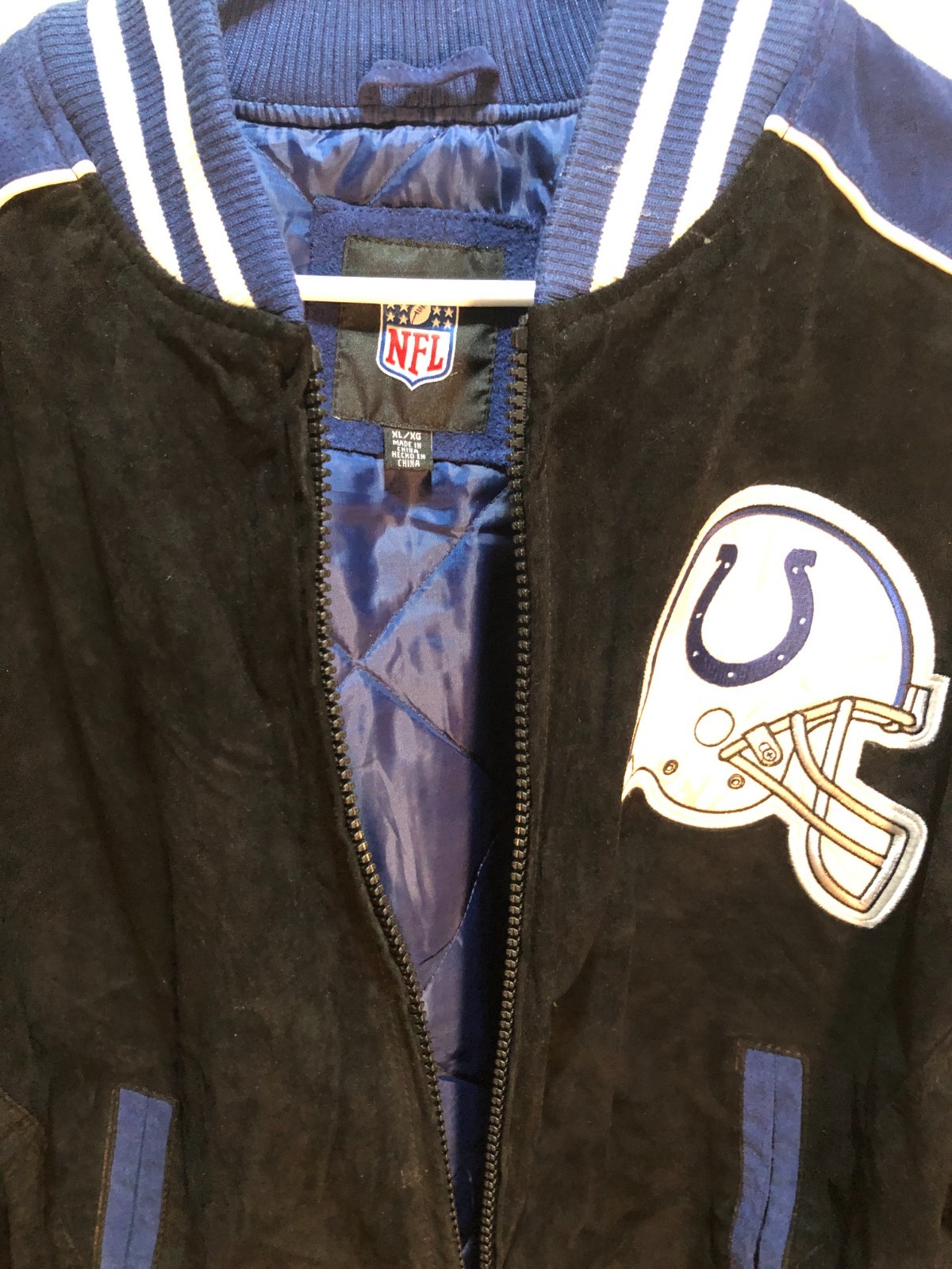 Indianapolis Colts NFL AFC Black Blue Team Logo Suede Leather Zip Jacket XL New