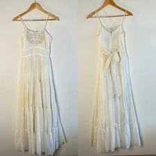 Gunne Sax Cream Maxi Dress Floral Embroidery Vintage 70's Spaghetti Strap Bow