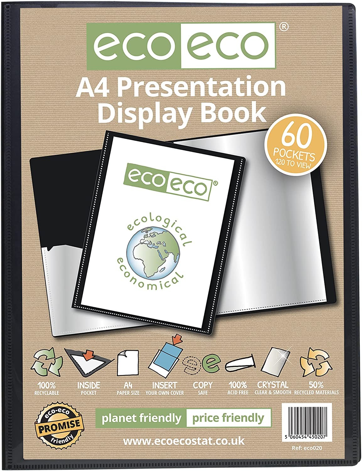eco eco A4 60 Pocket Presentation Display Book 50% Recycled Black Filing