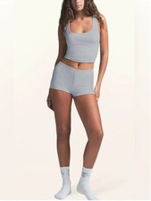 NEW SKIMS Logo Pointelle Sleep Tank and Short Set Frost Blue XS NWT
