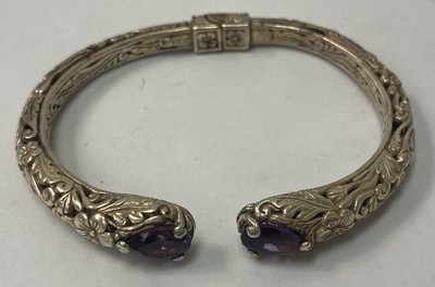 Beautiful Sterling Silver 925 & 18k Gold ATI Carved Flower Amethyst Bracelet