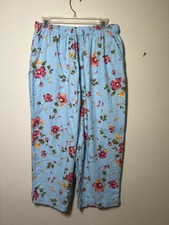 Women  s Vintage Erika Blue Pink Floral Pants Linen Elastic Waist Cottage XL