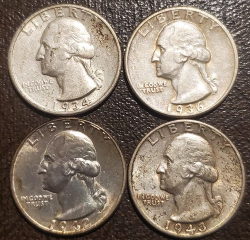 Lot Of 4 U.S. 90% Silver Quarters - 1934 1936 1942 1943 - Better Condition - AU