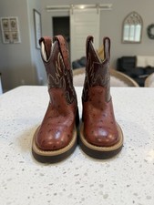 Old West Boys Brown Leather Western Boots US Size 1 Embroidered Pull Tabs