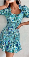 Zara Floral Smocked Mini Dress Size S Blue / Green Puff Sleeves 