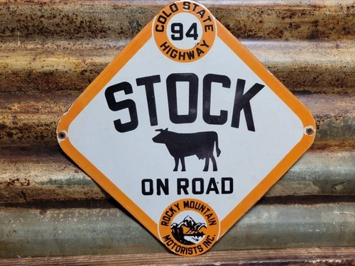 VINTAGE ROCKY MOUNTAIN MOTORISTS PORCELAIN SIGN OLD COLORADO HIGHWAY COW CATTLE
