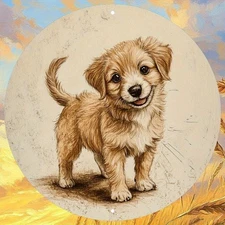 2D Flat1pcs Round Aluminum Wall Art W/Cute Wagging Tail Puppy Warm Brushstroke D
