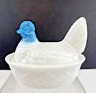 Vintage White Milk Glass Hen Chicken on Nest with Blue Head Marked 3