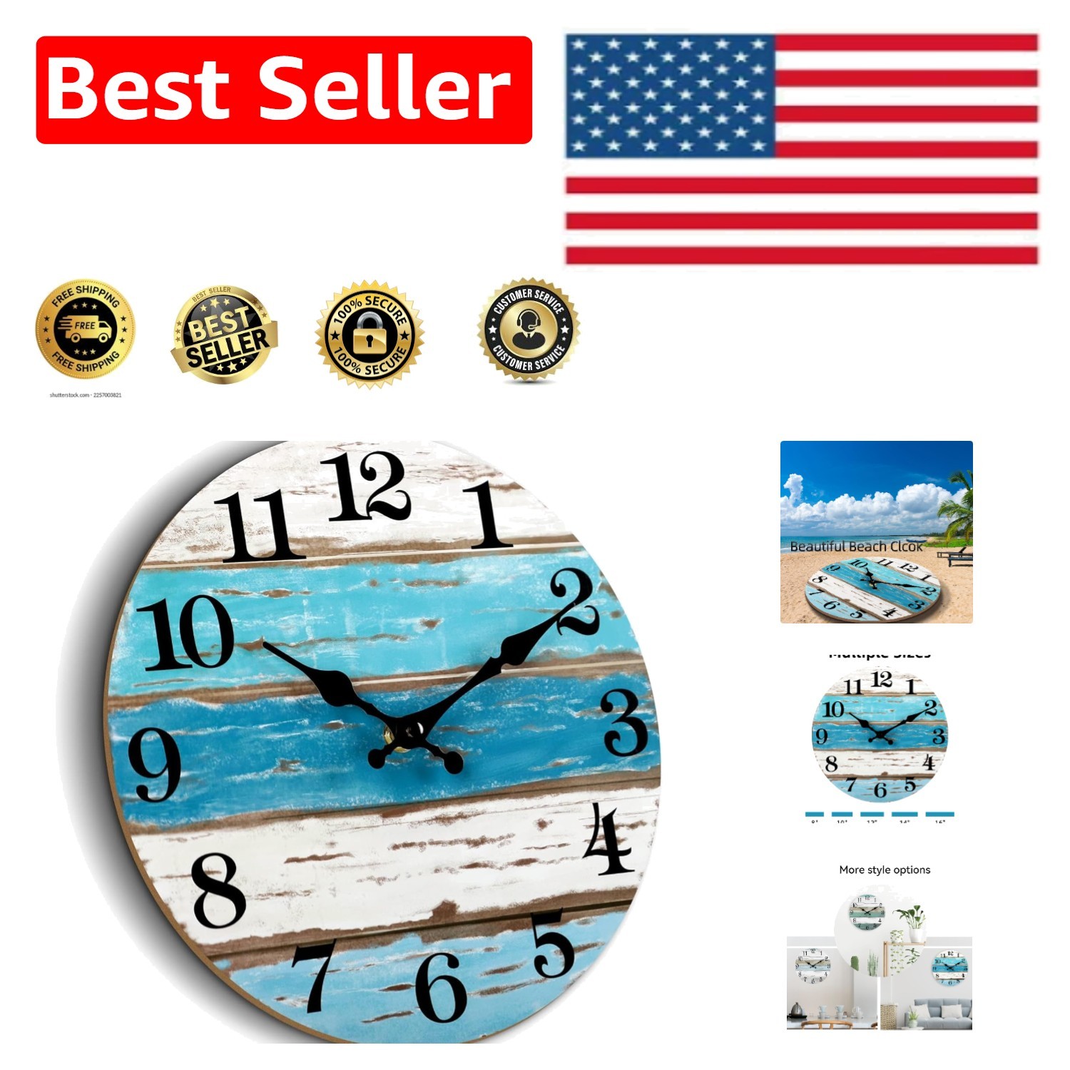 Large 16-Inch Beach House Wall Clock with Silent Mechanism & Easy Read Design