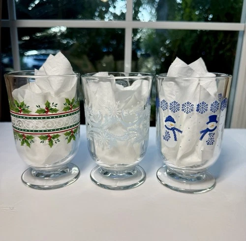 Libbey Christmas Footed Coffee Mugs Set of 3 Made In USA EUC