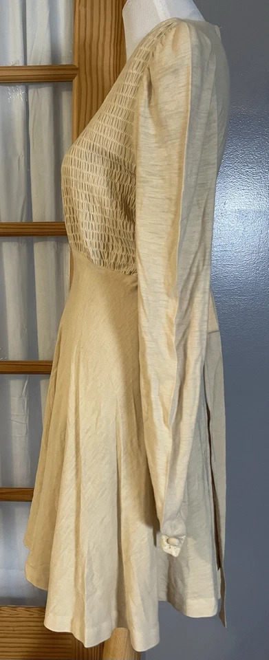 70s Jody T of California Smocked Dress Sz 7 Beige Tie Back Balloon Sleeve Modest - Image 3 of 4