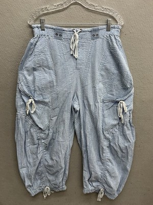 Free People Pants M Outta Sight Parachute Striped Chambray Balloon Blue Boho