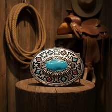Men Silver Metal Buckle Ethnic Aztec Oval Turquoise Statement Southwest Fashion