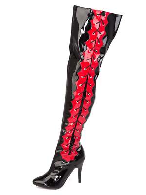 Killer Heels Damen schwarz & rot Overknee Stiefel mit seitlicher Schnürung