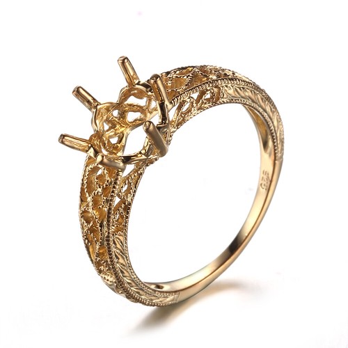10K Yellow Gold Semi Mount Round 7.5-8mm Engagement Wedding Prong Ring Setting - Picture 2 of 6