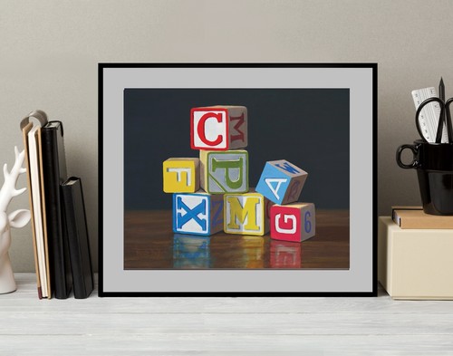 DANFORTH Wooden Alphabet Blocks, 8x10 still life realistic original oil painting - Picture 2 of 3
