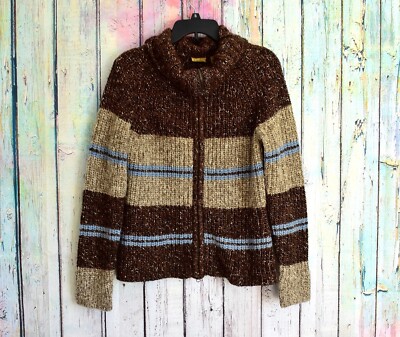 Women's Caslon Turtleneck Sweater LARGE Brown Colorblock Full Zip