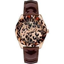 Guess Brown Leather Strap Leopard Print Design Rose Gold Women's Watch W0455L3