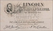 LINCOLN REPUBLICAN LEAGUE MEMBERSHIP CARD - VINTAGE REPRINT