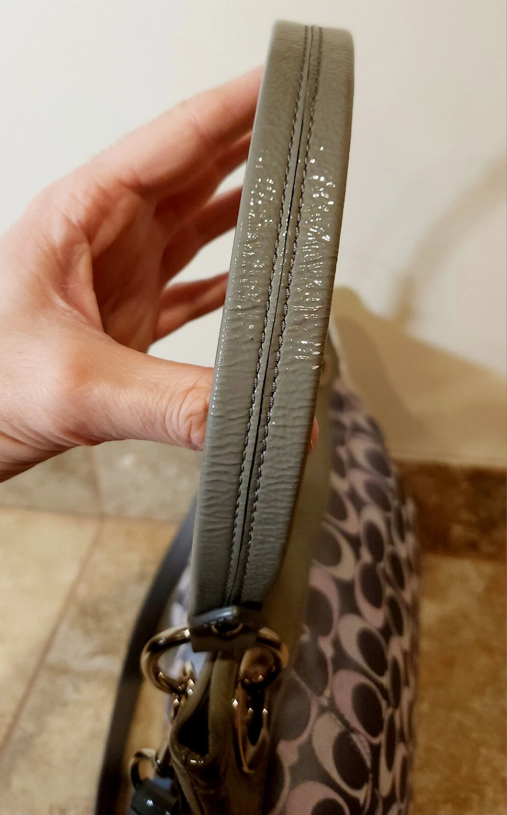 Coach Borsa a tracolla vintage grigia monogramma tela pelle manico superiore