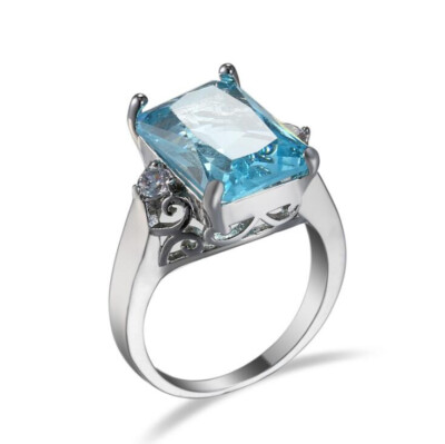 Fire Classic Rectangle Ocean Blue Topaz Gems Silver Rings Size 6~10 Holiday Gift