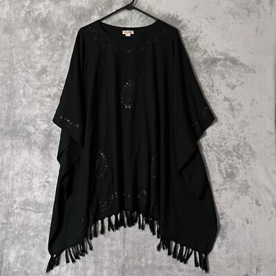 Wayan Natural Wear Fringe Poncho Black Paisley Womens Dark Fairy Goth One Size
