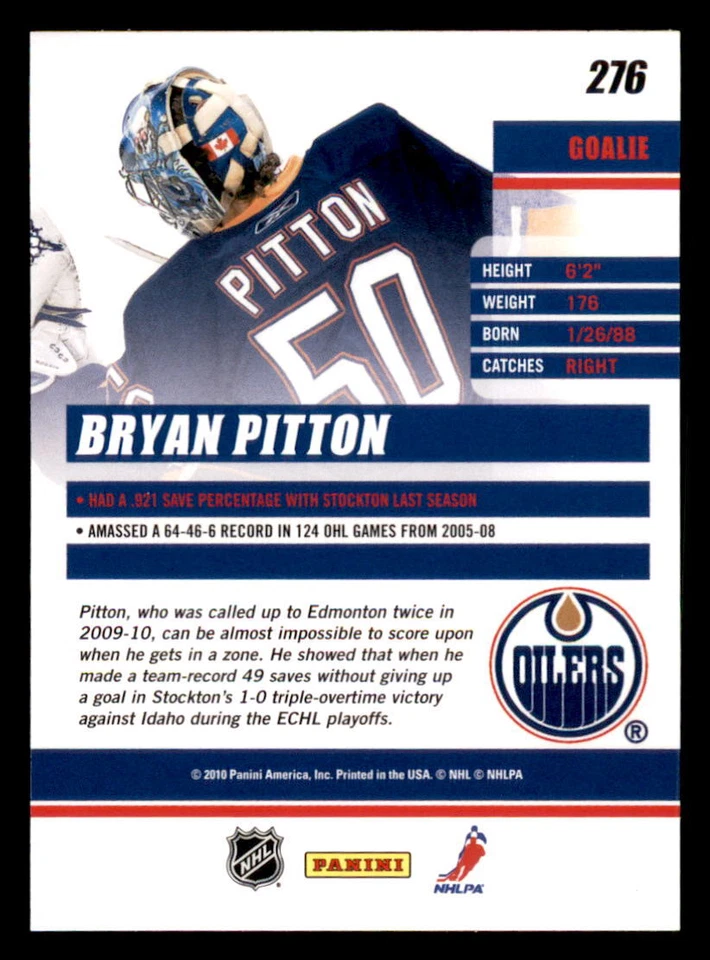 2010-11 Donruss #276b Bryan Pitton Edmonton Oilers RC - Image 2 of 2