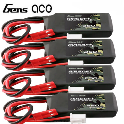 4X Gens Ace 250mAh 35C 7.4V Airsoft 2S Battery JST For CM16 SCAR AR15 LE STOCK
