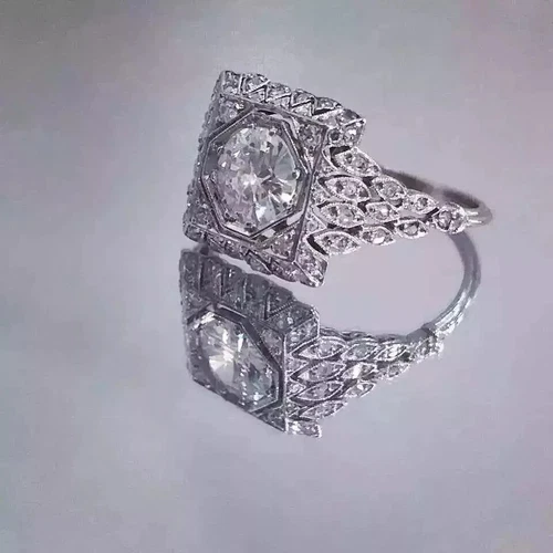 Art Deco VintageRound Cut Lab Created Diamond 14K White Gold FN Engagement Ring - Picture 1 of 7