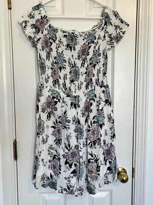 DIVIDED H&M White Smocked Off the Shoulder Floral Dress size 12