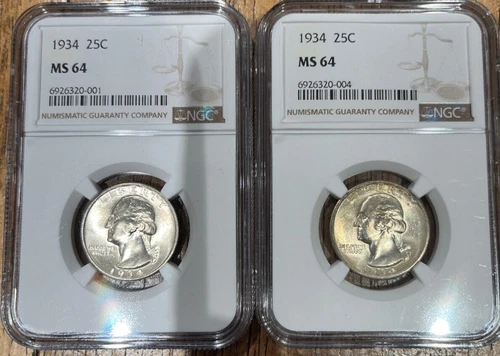 lot of (2)  1934 Washington Quarter Heavy Motto NGC  MS64  Freshly Graded
