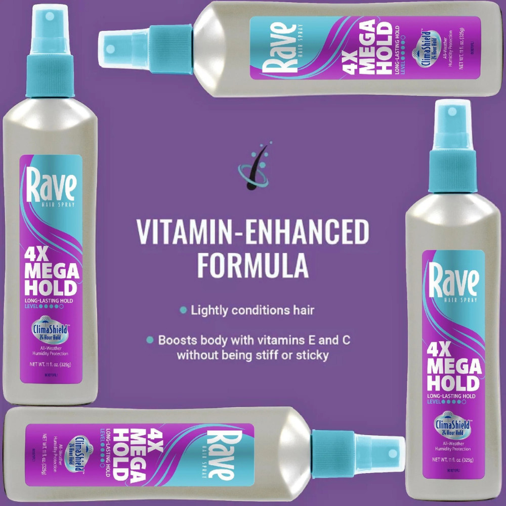 (4 pack) Rave 4X Mega Hold Non-Aerosol Hair Spray, All-Weather Protection, 11 Oz
