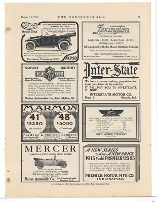 1914 Auto Ads on Same Pg: CarterCar, Lexington Howard, Marmon, Mercer, Premier +