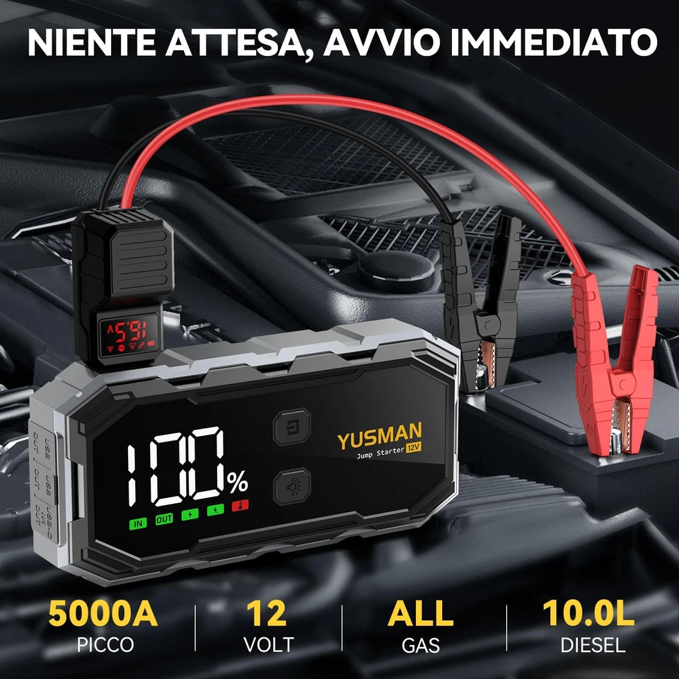 YUSMAN Booster Avviamento 7000A Portatile Avviatore di Batteria Auto 12V (fino a - Immagine 2 di 4