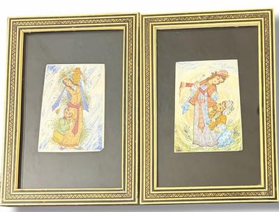 Vintage Pair of Persian Miniature Painting Bone Title Khatam Marquetery Frame