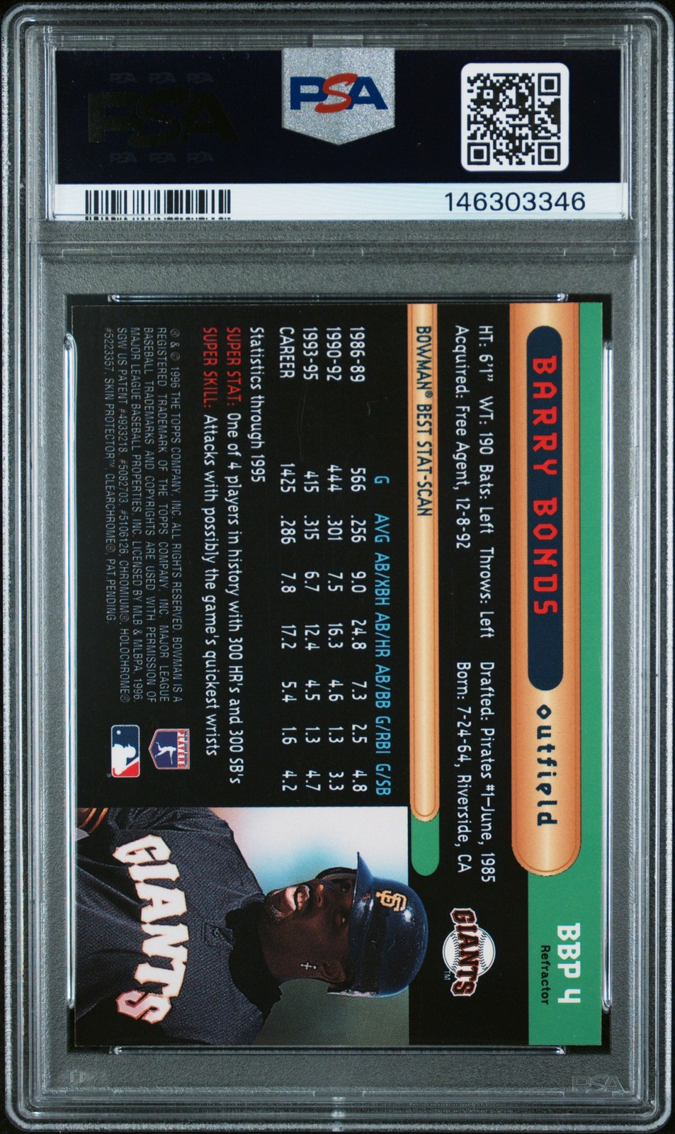 1996 BOWMAN'S BEST PREVIEW REFRACTOR #BBP4 BARRY BONDS PSA 9 view 2
