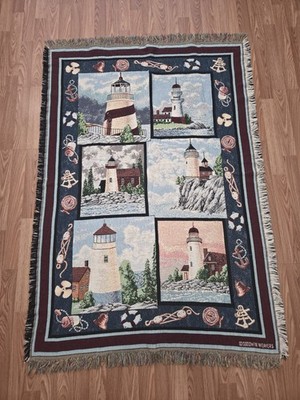 Vintage Goodwin Weavers Lighthouses Woven Tapestry Nautical Coastal Ocean 64x45''