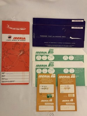 Two 1980 IBERIA Airline Tickets, 4 Boarding Passes, 1 Ticket Sleeve, Itinerary