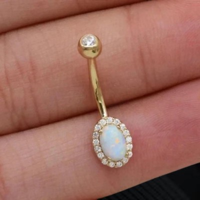 Fire Opal & Diamond 14K Yellow Gold Over Belly Button Ring Navel Barbel Piercing