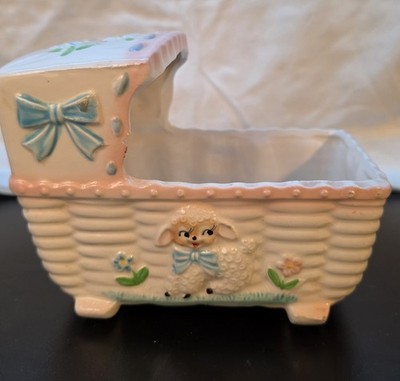 Rubens 1966 Japan Ceramic Baby Lamb Crib Music Box Collectible