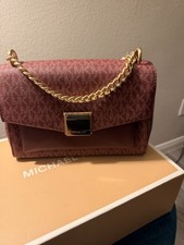 Michael Kors Bordeaux Red Shoulder Bag with Logo, Gold Chain, Detachable Strap