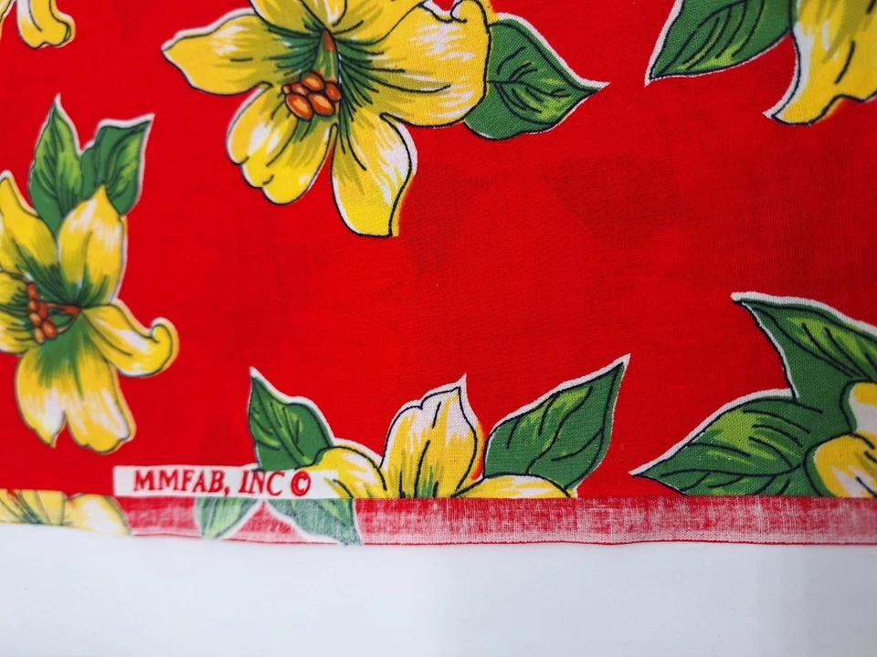Tela Hawaiana Vintage 6 yardas Rojo Amarillo Tropical Floral Algodón MMFAB Foto 3 de 4