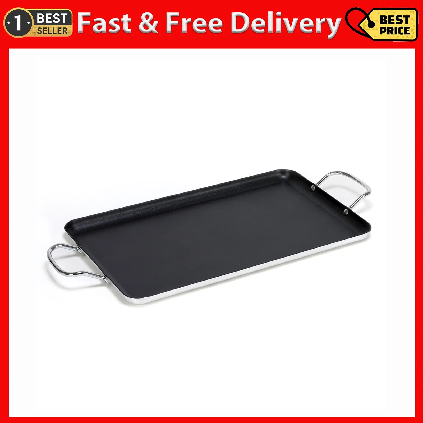 Large 20" X 12" Nonstick Double Burner Griddle with Metal Handles, Black
