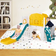 9 in 1 Toddler Slide L Shaped Kids Slide and Climber Playset w/ Basketball Hoop
